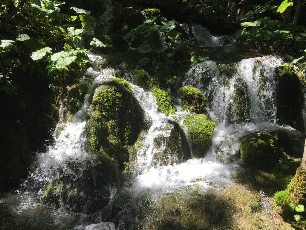 Rushing waterfall over rocks lined with green moss. Lots of sun and shade